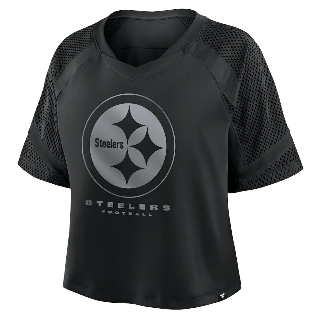 Pittsburgh Steelers Women's Oversized Raglan V-Neck Blackout Fashion Jersey - Body; 100% Polyester - Sleeve; 97% Polyester/3% Elastane - Neckband Jerseys