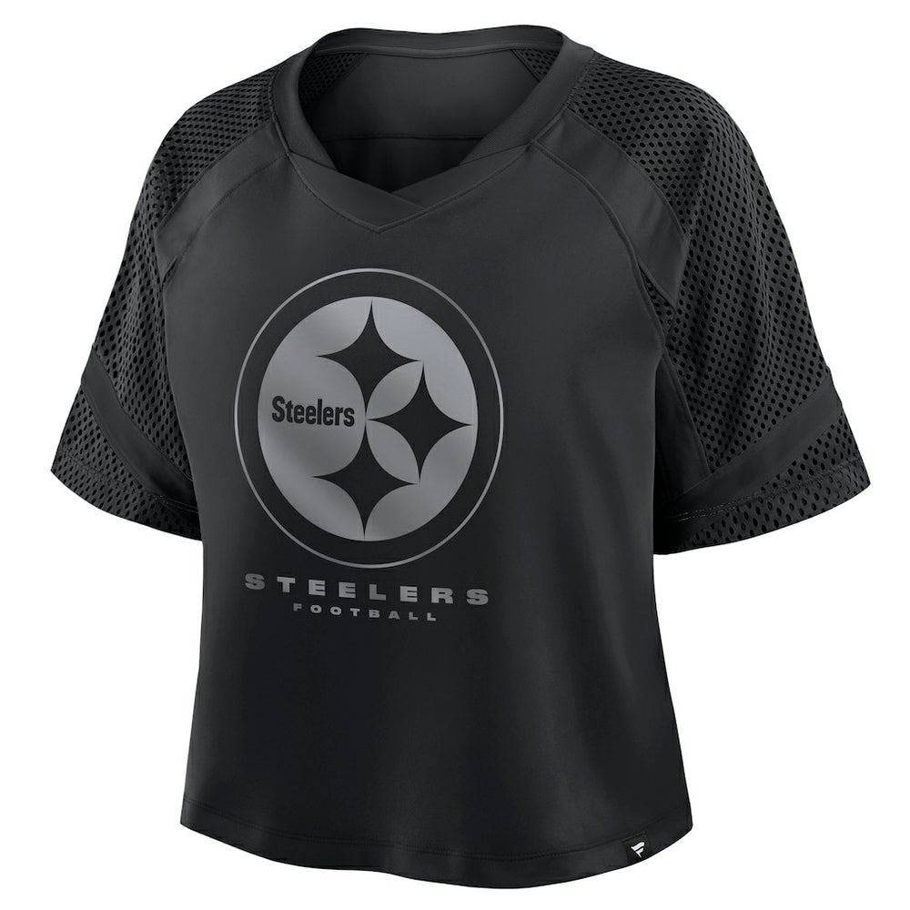 Pittsburgh Steelers Women's Oversized Raglan V-Neck Blackout Fashion Jersey - Body; 100% Polyester - Sleeve; 97% Polyester/3% Elastane - Neckband Jerseys
