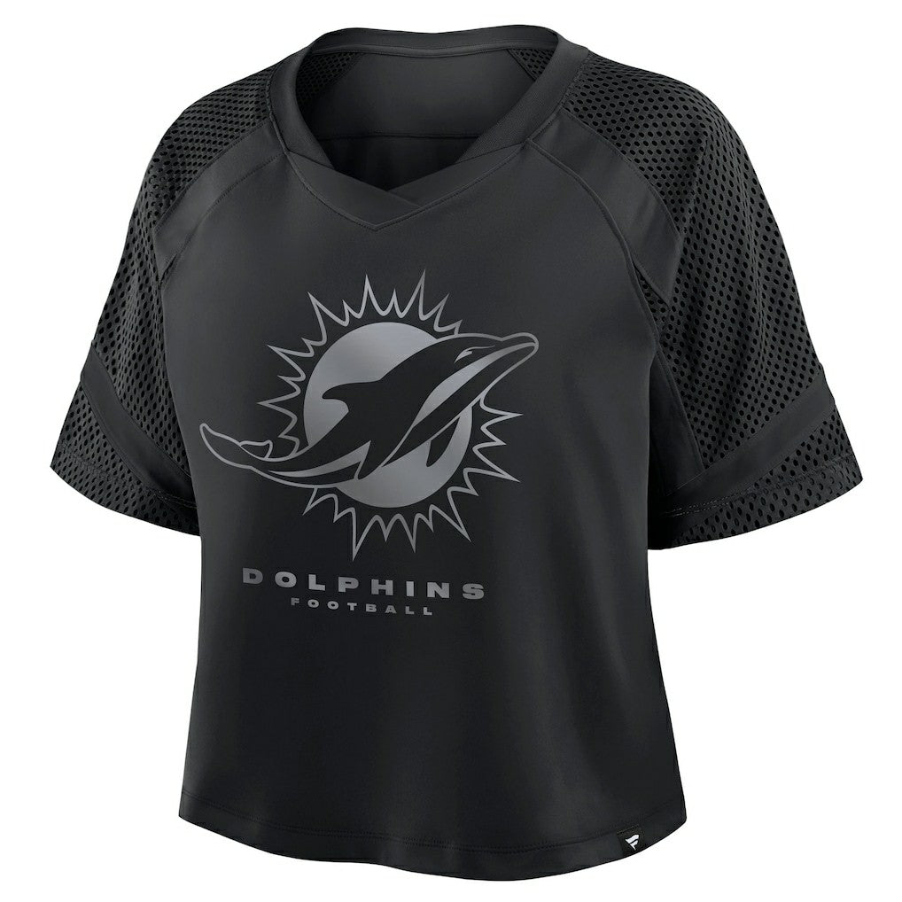 Miami Dolphins Women's Oversized Raglan V-Neck Blackout Fashion Jersey - Body; 100% Polyester - Sleeve; 97% Polyester/3% Elastane - Neckband Jerseys