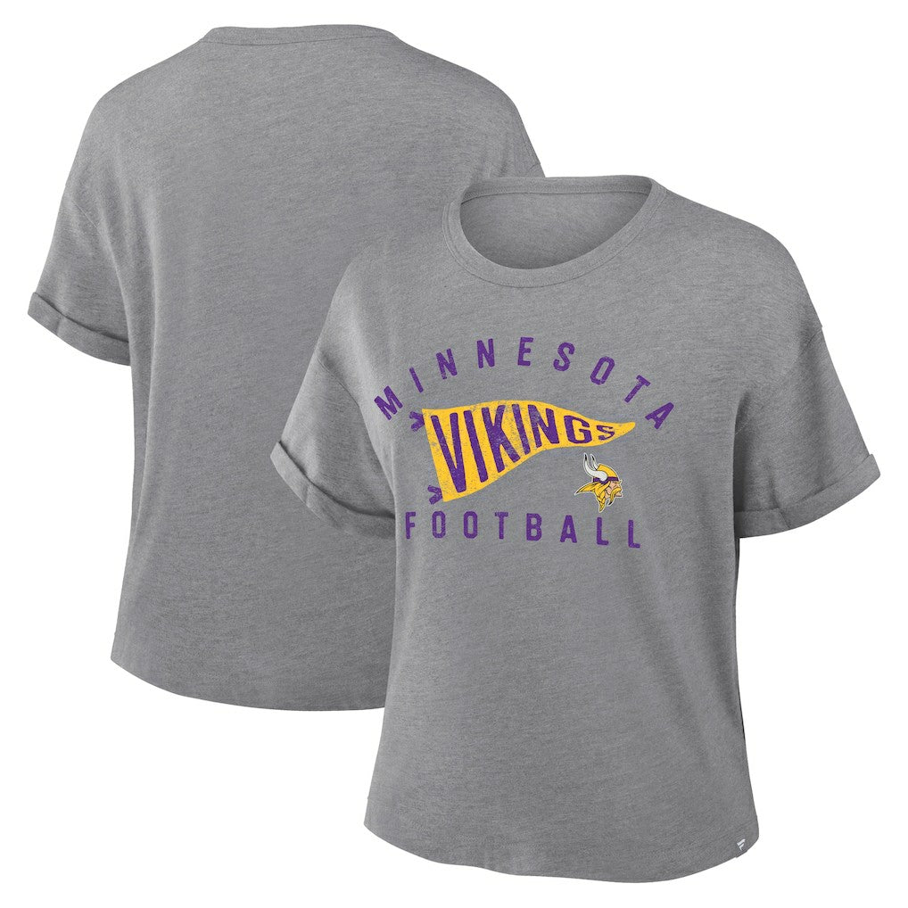 Minnesota Vikings Women's Pennant Wave Tribute Tri-Blend Boxy T-Shirt - Heather Gray T-shirts