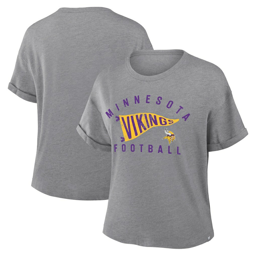 Minnesota Vikings Women's Pennant Wave Tribute Tri-Blend Boxy T-Shirt - Heather Gray T-shirts