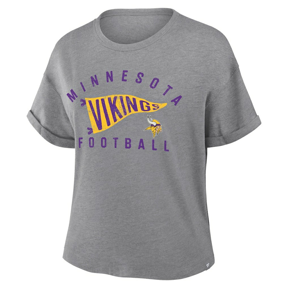 Minnesota Vikings Women's Pennant Wave Tribute Tri-Blend Boxy T-Shirt - Heather Gray T-shirts