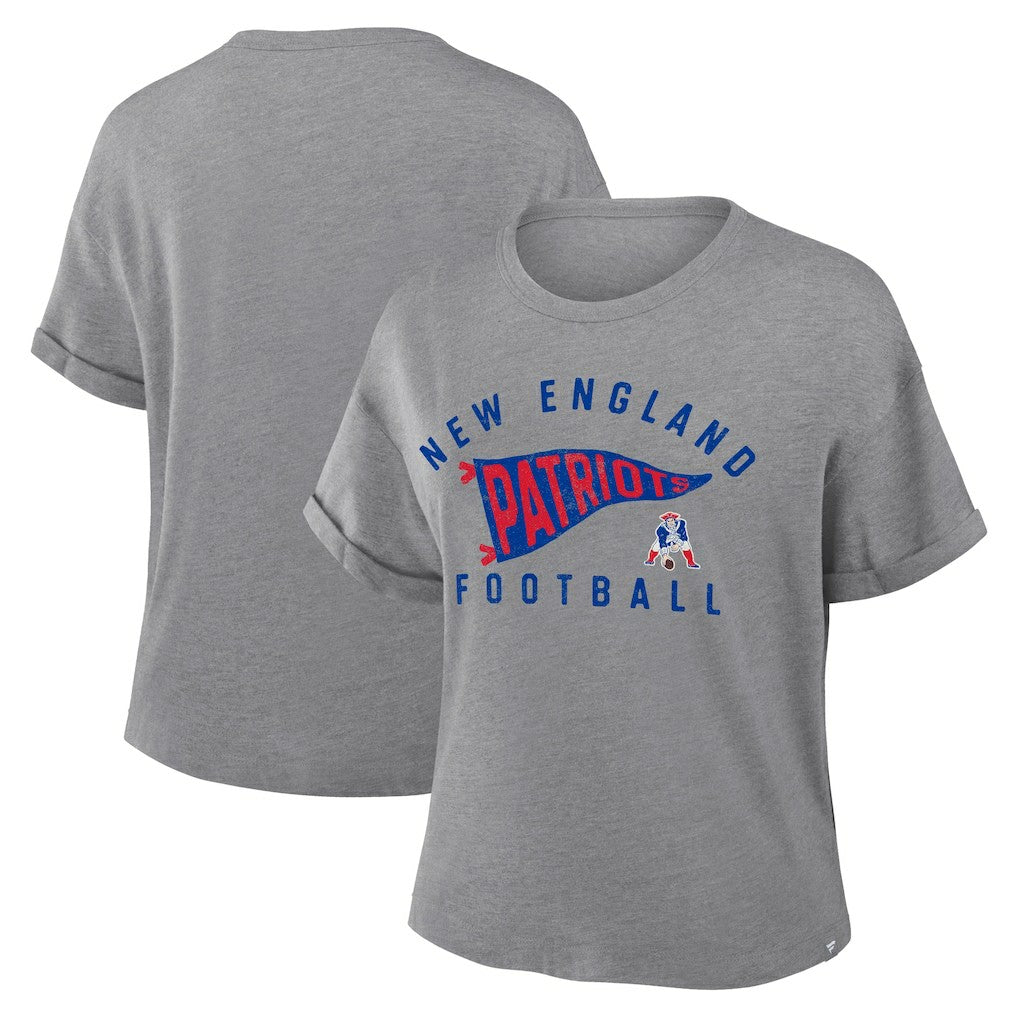 New England Patriots Women's Pennant Wave Tribute Tri-Blend Boxy T-Shirt - Heather Gray T-shirts