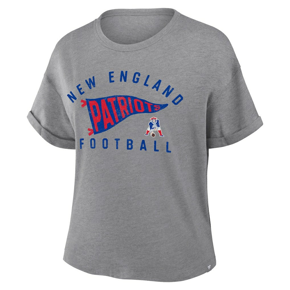 New England Patriots Women's Pennant Wave Tribute Tri-Blend Boxy T-Shirt - Heather Gray T-shirts