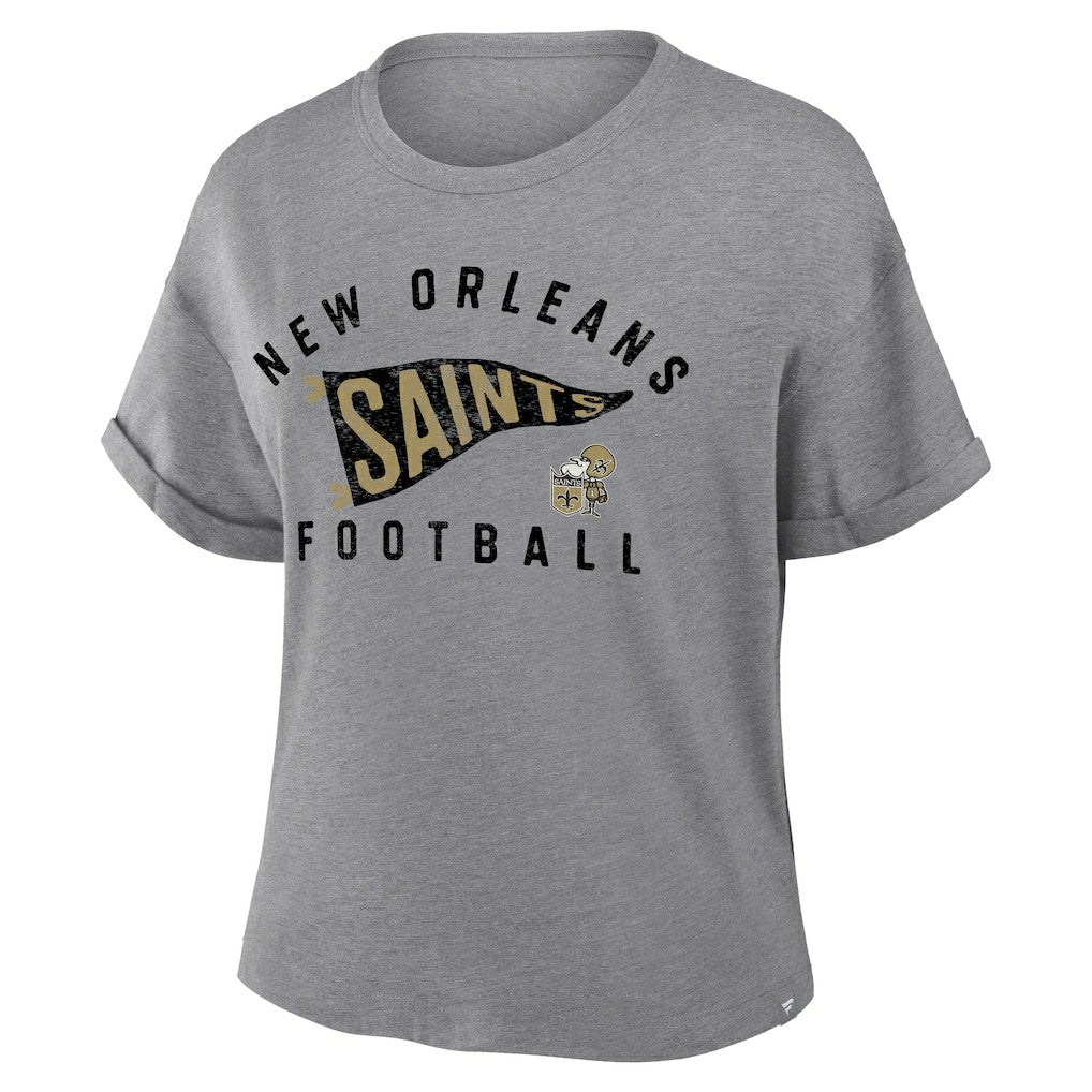 New Orleans Saints Women's Pennant Wave Tribute Tri-Blend Boxy T-Shirt - Heather Gray T-shirts