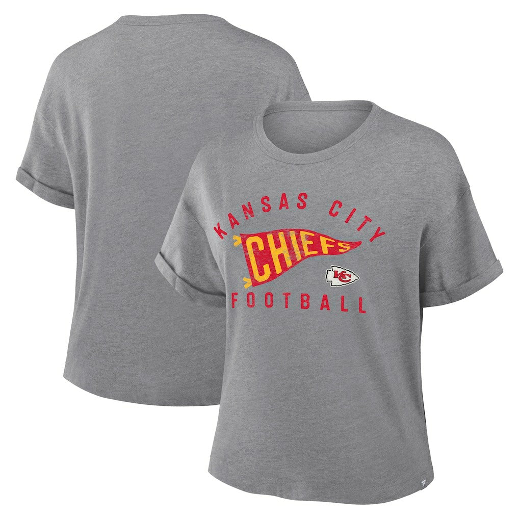 Kansas City Chiefs Women's Pennant Wave Tribute Tri-Blend Boxy T-Shirt - Heather Gray T-shirts