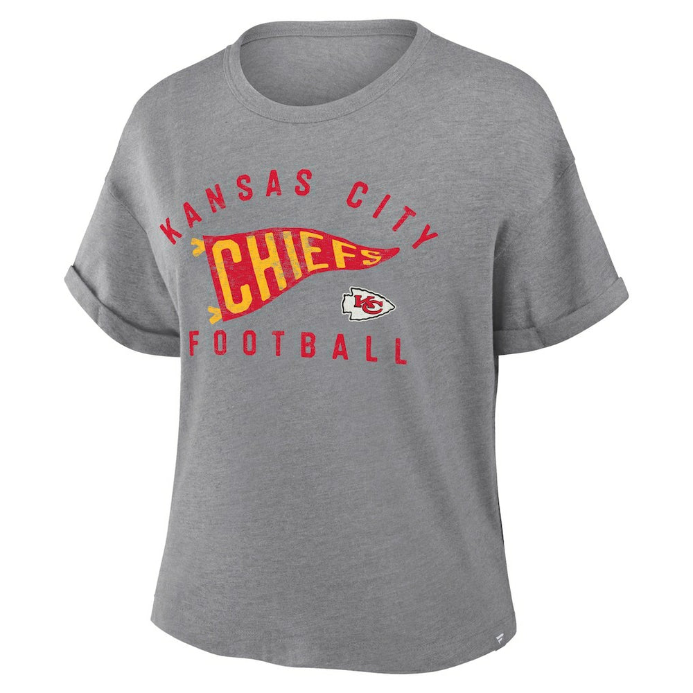 Kansas City Chiefs Women's Pennant Wave Tribute Tri-Blend Boxy T-Shirt - Heather Gray T-shirts