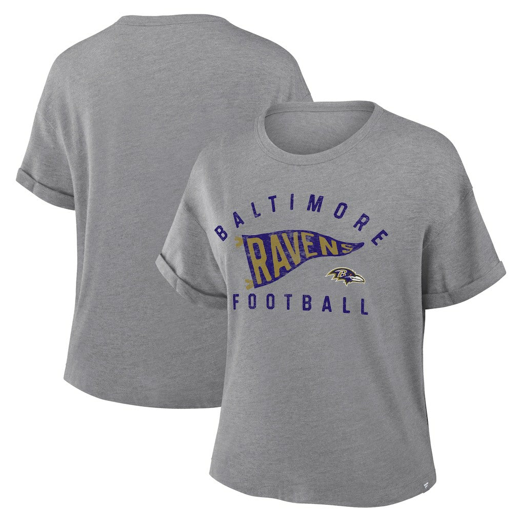 Baltimore Ravens Women's Pennant Wave Tribute Tri-Blend Boxy T-Shirt - Heather Gray T-shirts