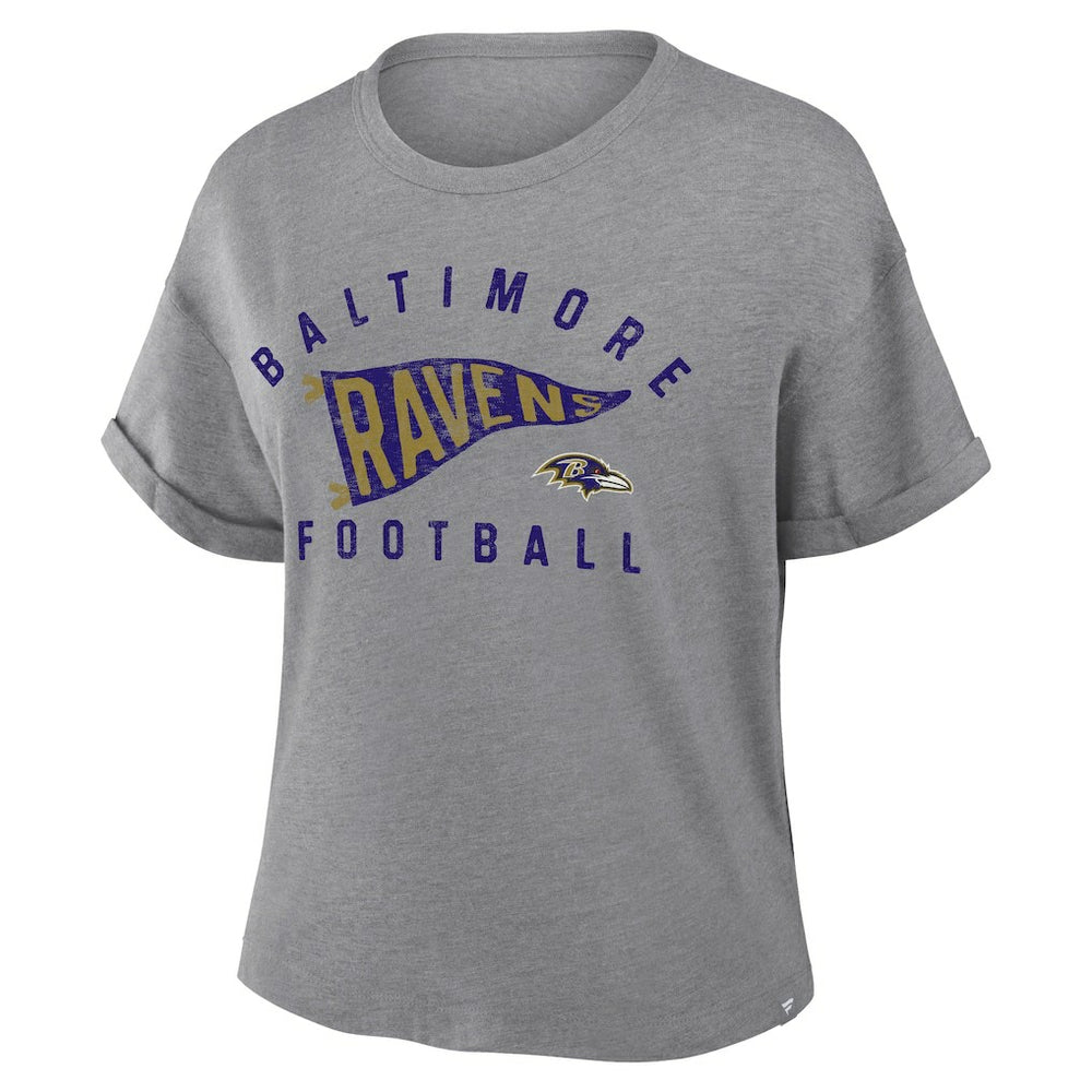 Baltimore Ravens Women's Pennant Wave Tribute Tri-Blend Boxy T-Shirt - Heather Gray T-shirts