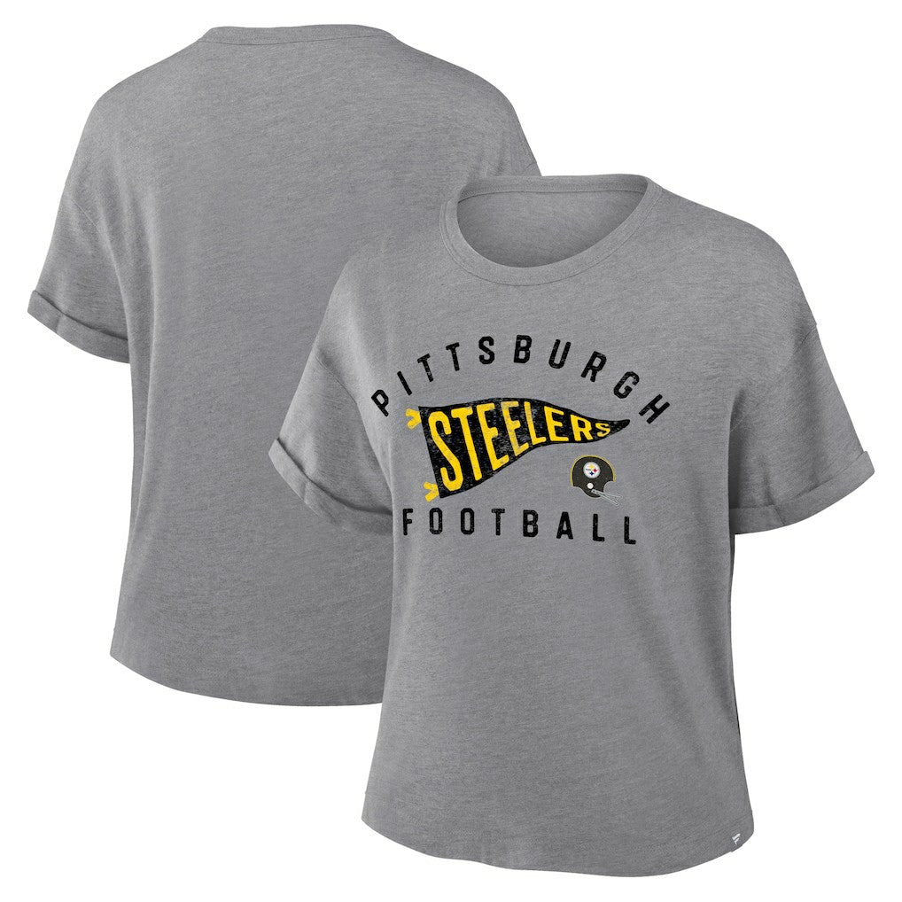 Pittsburgh Steelers Women's Pennant Wave Tribute Tri-Blend Boxy T-Shirt - Heather Gray T-shirts