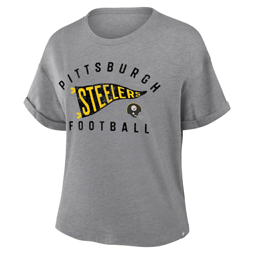 Pittsburgh Steelers Women's Pennant Wave Tribute Tri-Blend Boxy T-Shirt - Heather Gray T-shirts