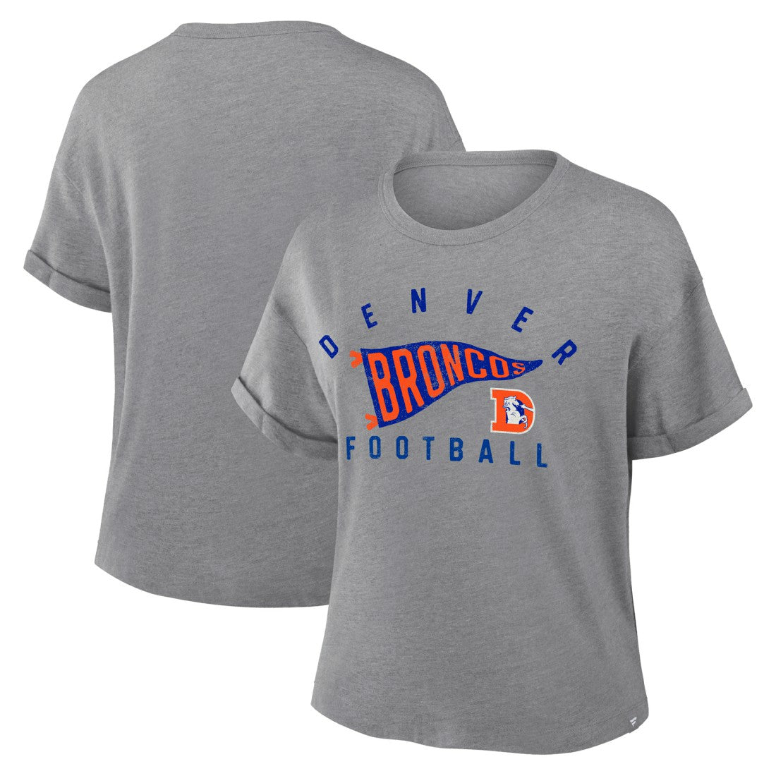 Denver Broncos Women's Pennant Wave Tribute Tri-Blend Boxy T-Shirt - Heather Gray T-shirts