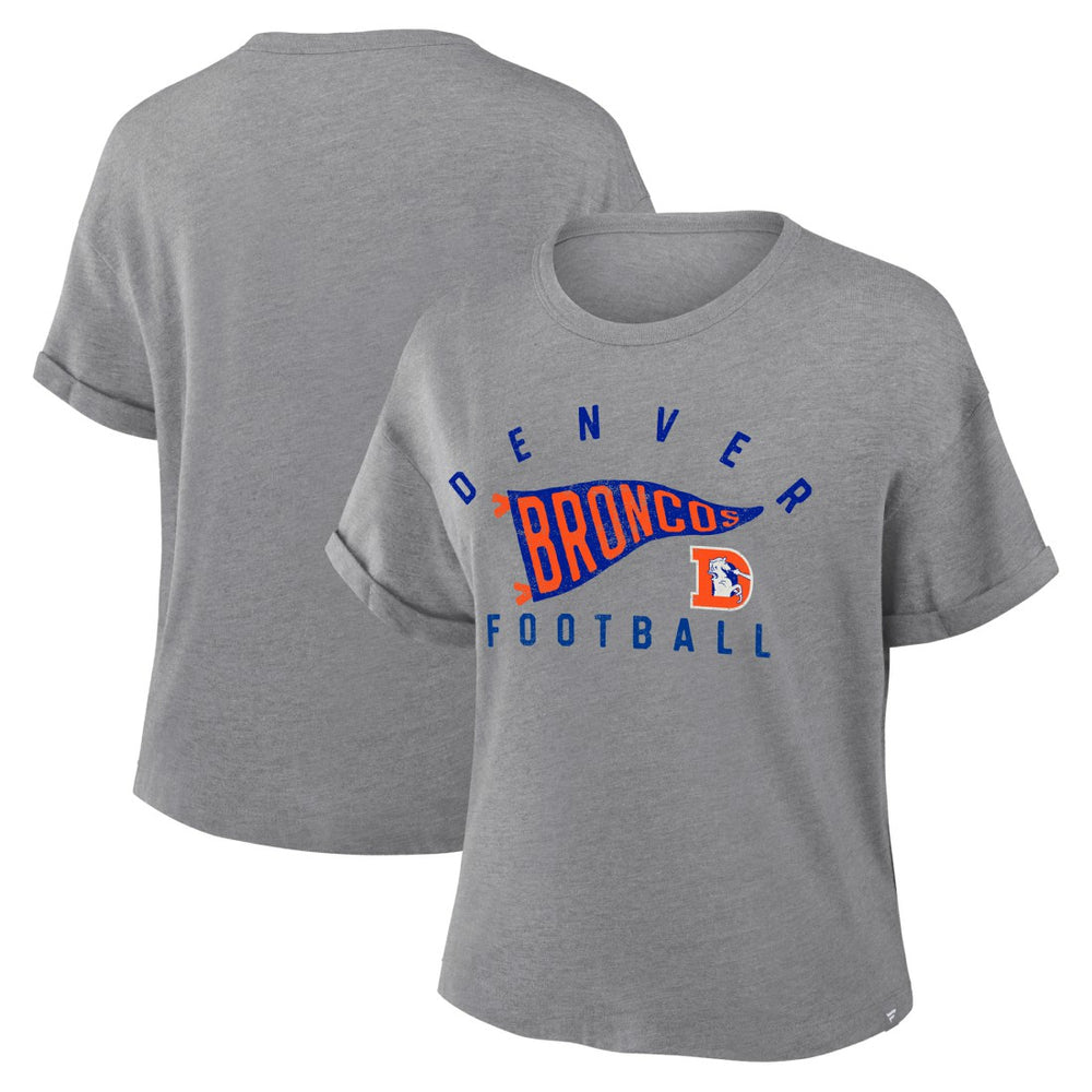 Denver Broncos Women's Pennant Wave Tribute Tri-Blend Boxy T-Shirt - Heather Gray T-shirts
