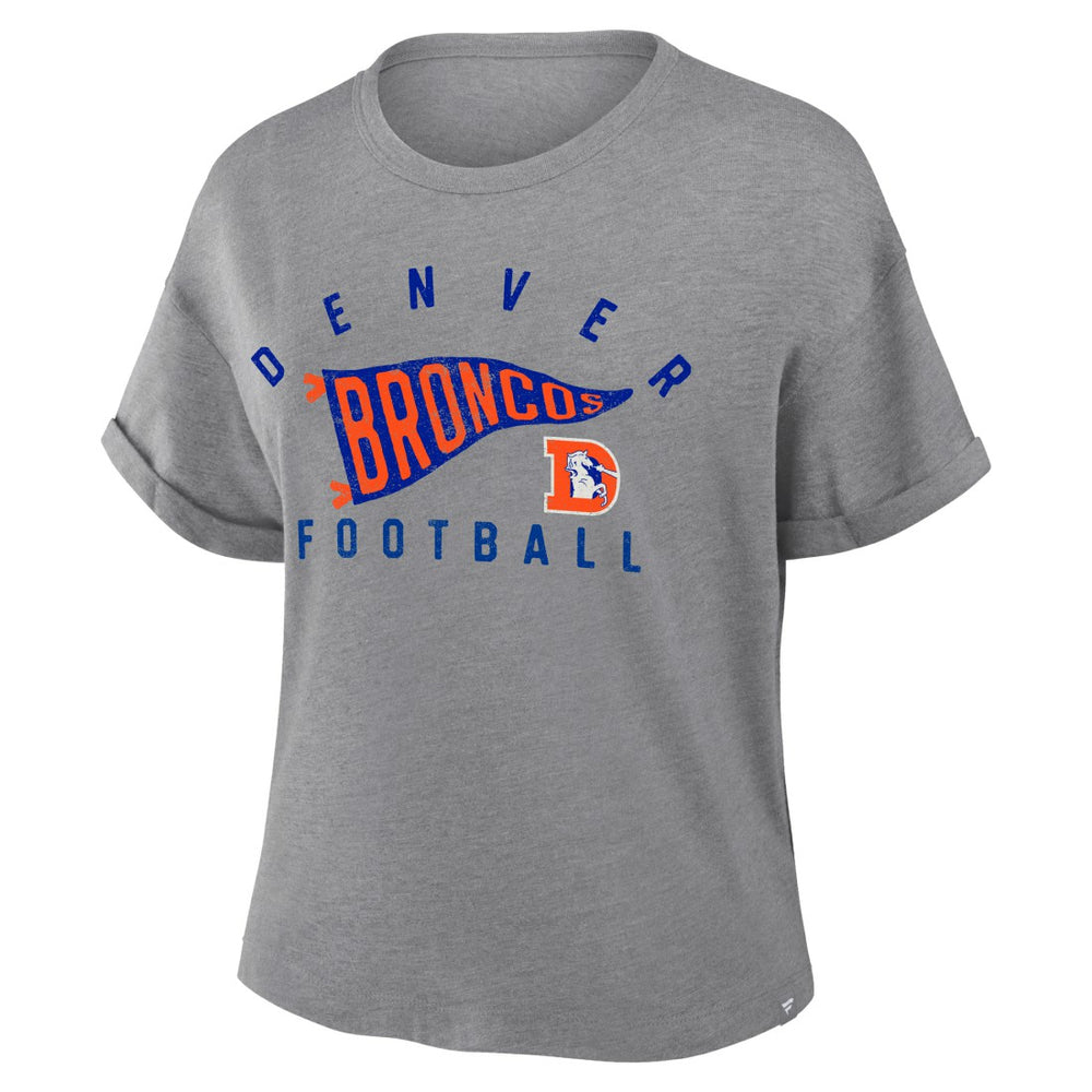 Denver Broncos Women's Pennant Wave Tribute Tri-Blend Boxy T-Shirt - Heather Gray T-shirts