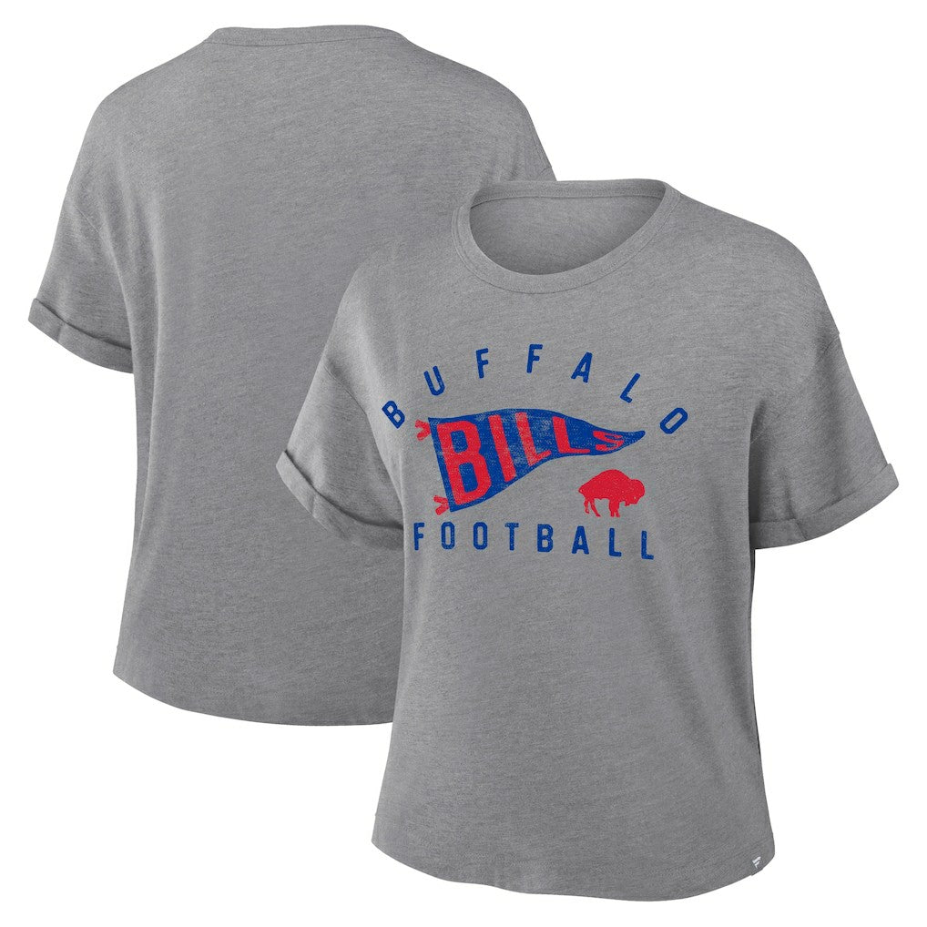 Buffalo Bills Women's Pennant Wave Tribute Tri-Blend Boxy T-Shirt - Heather Gray T-shirts
