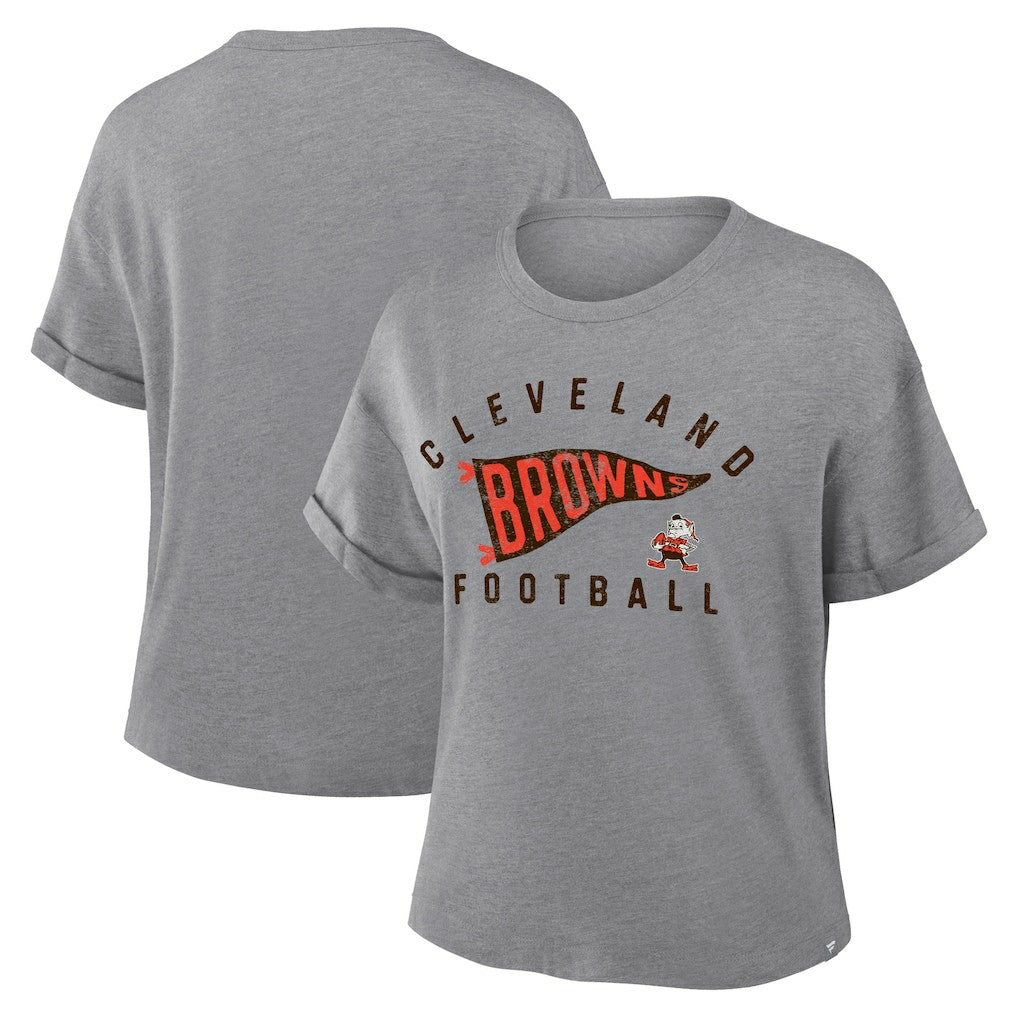 Cleveland Browns Women's Pennant Wave Tribute Tri-Blend Boxy T-Shirt - Heather Gray T-shirts