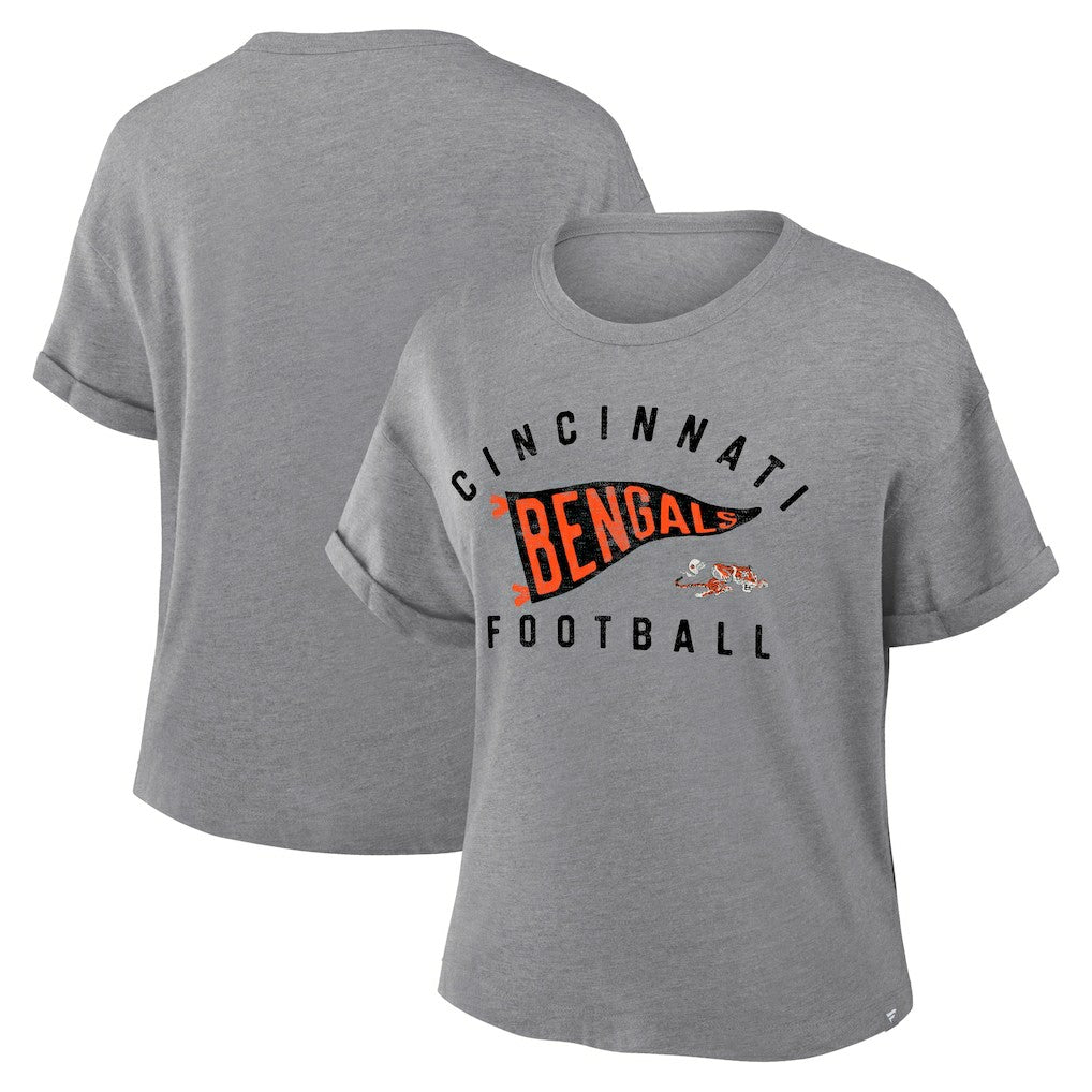 Cincinnati Bengals Women's Pennant Wave Tribute Tri-Blend Boxy T-Shirt - Heather Gray T-shirts