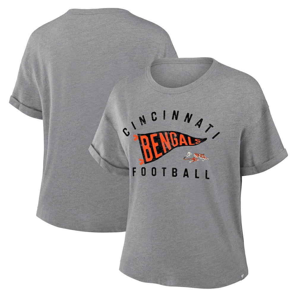 Cincinnati Bengals Women's Pennant Wave Tribute Tri-Blend Boxy T-Shirt - Heather Gray T-shirts