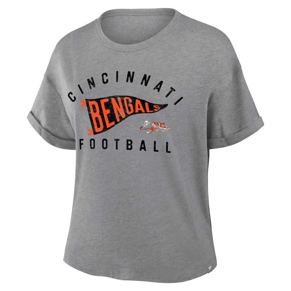 Cincinnati Bengals Women's Pennant Wave Tribute Tri-Blend Boxy T-Shirt - Heather Gray T-shirts