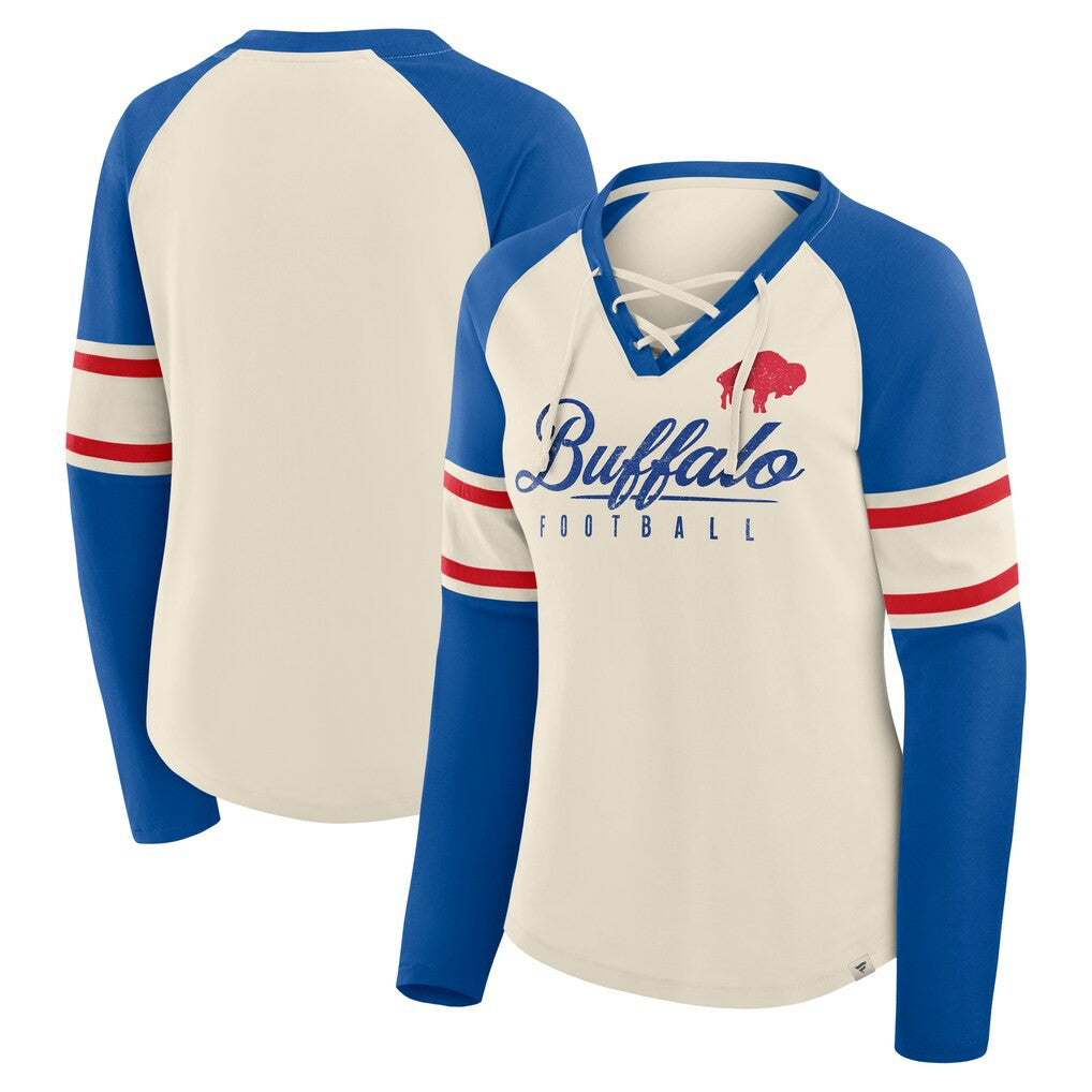 Buffalo Bills Women's Hometown Gridiron Hero Raglan Lace-Up V-Neck Long Sleeve T-Shirt - Cream/Royal T-shirts