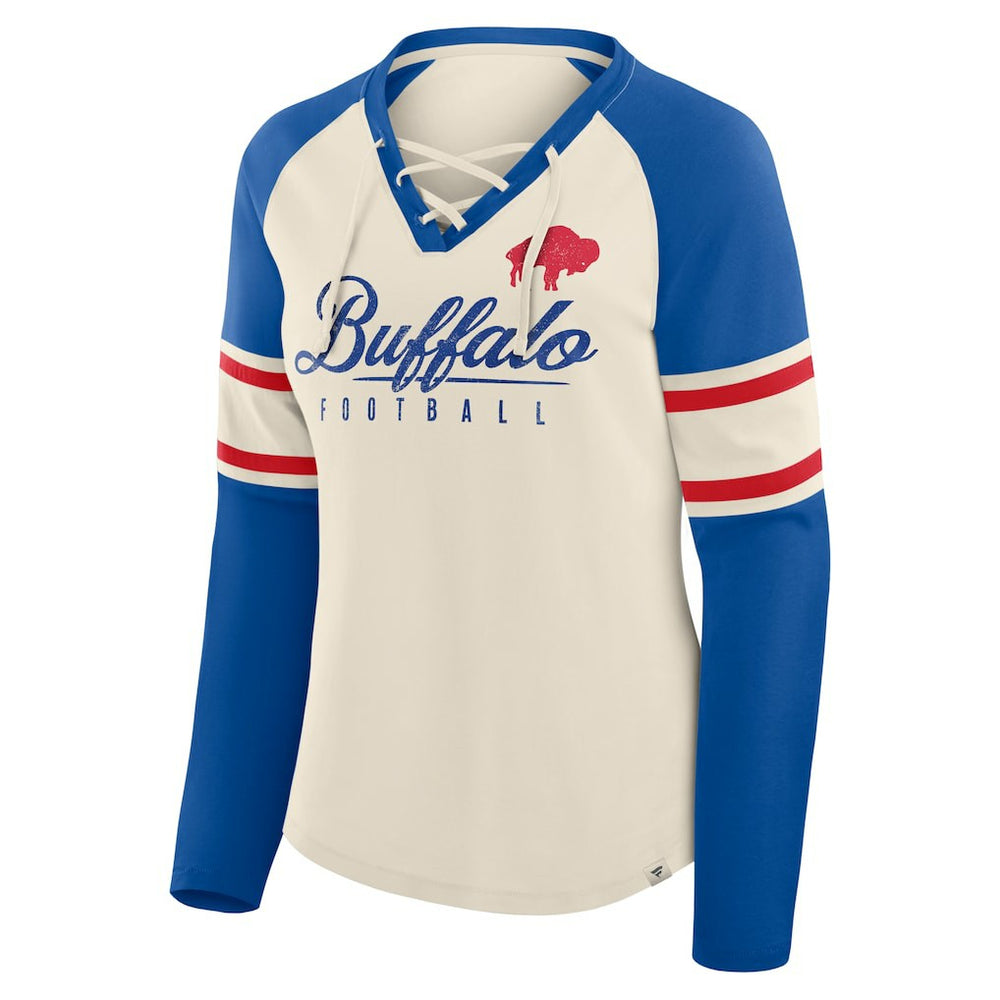 Buffalo Bills Women's Hometown Gridiron Hero Raglan Lace-Up V-Neck Long Sleeve T-Shirt - Cream/Royal T-shirts