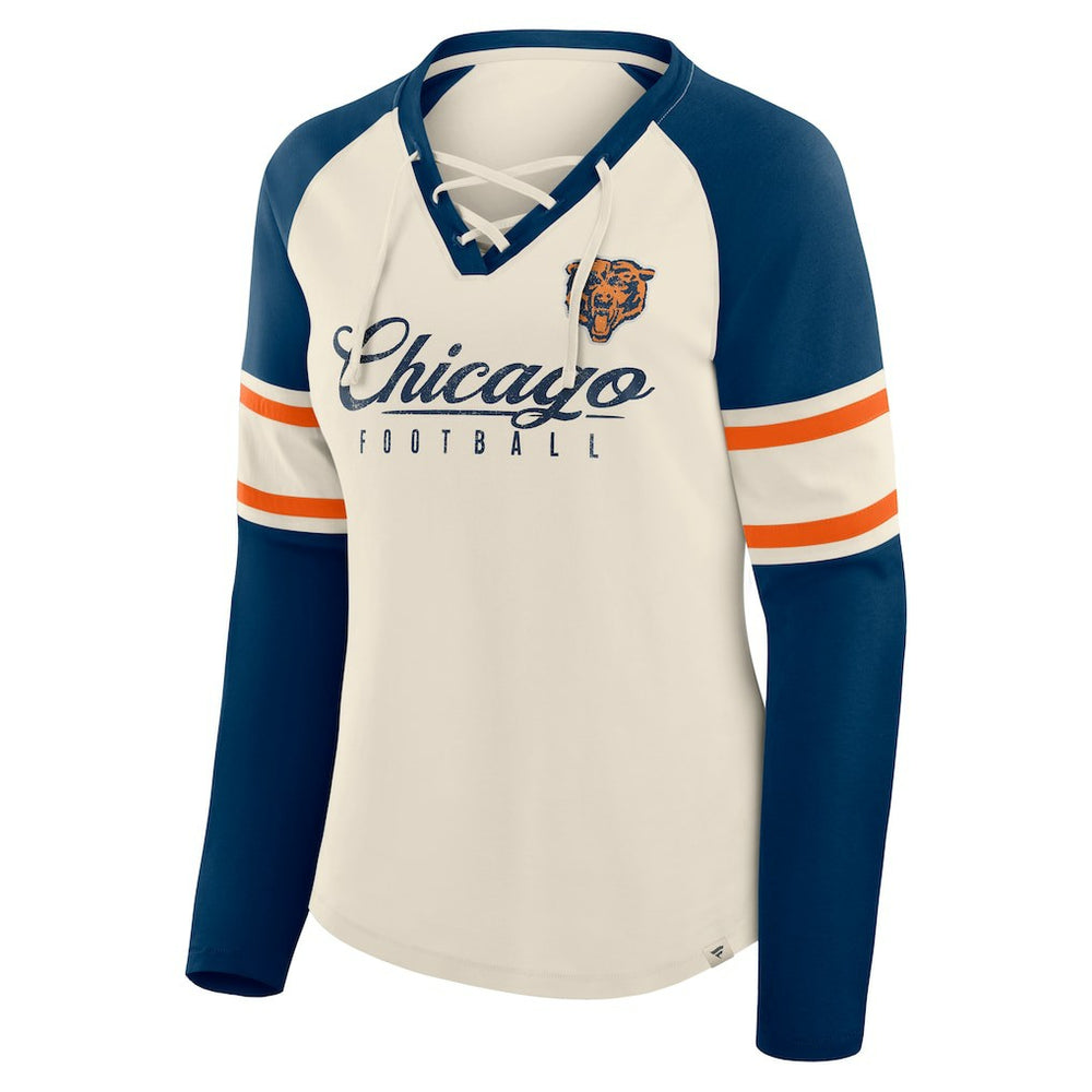 Chicago Bears Women's Hometown Gridiron Hero Raglan Lace-Up V-Neck Long Sleeve T-Shirt - Cream/Navy T-shirts