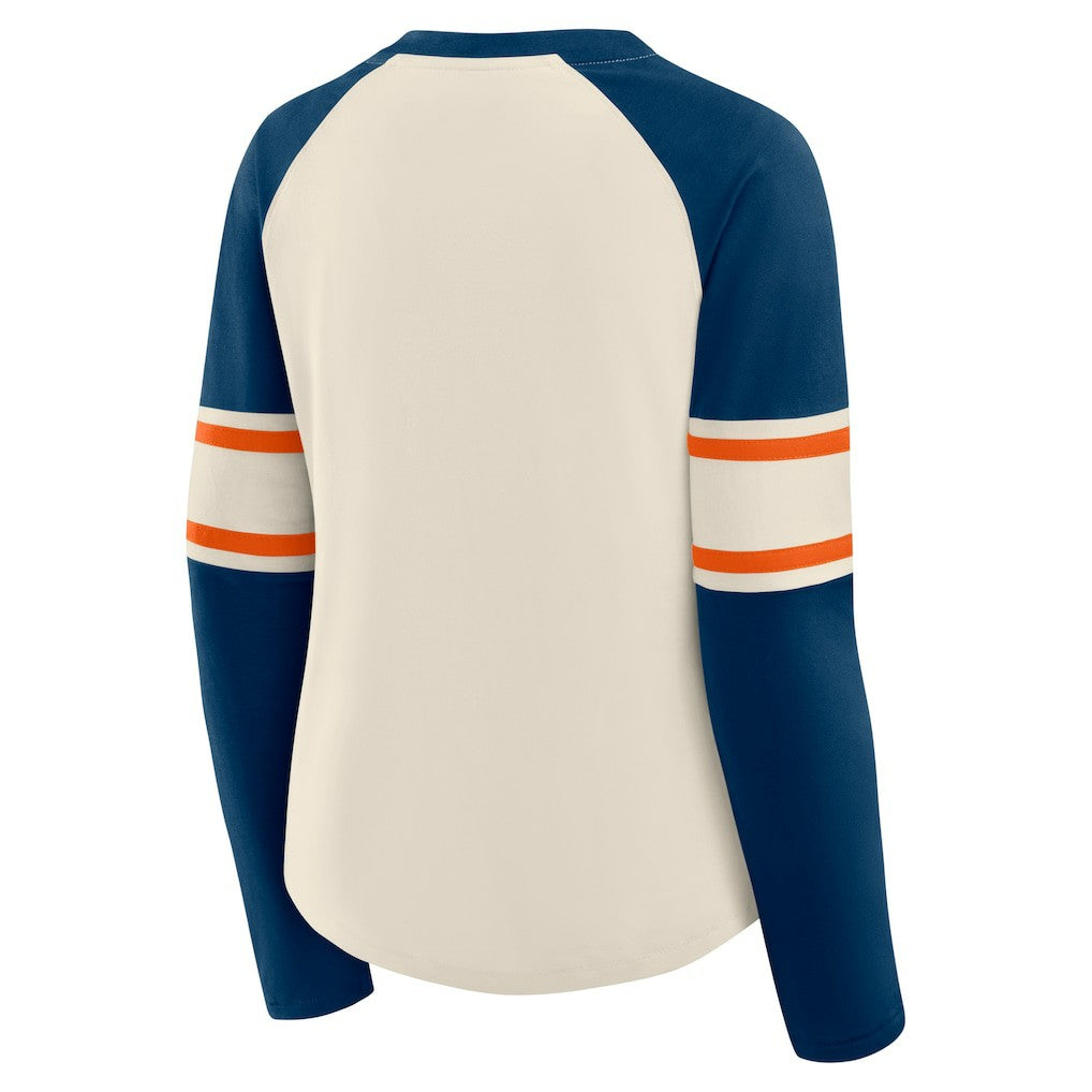 Chicago Bears Women's Hometown Gridiron Hero Raglan Lace-Up V-Neck Long Sleeve T-Shirt - Cream/Navy T-shirts