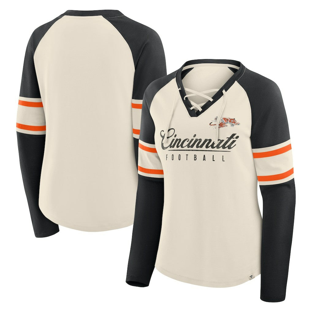 Cincinnati Bengals Women's Hometown Gridiron Hero Raglan Lace-Up V-Neck Long Sleeve T-Shirt - Cream/Black T-shirts