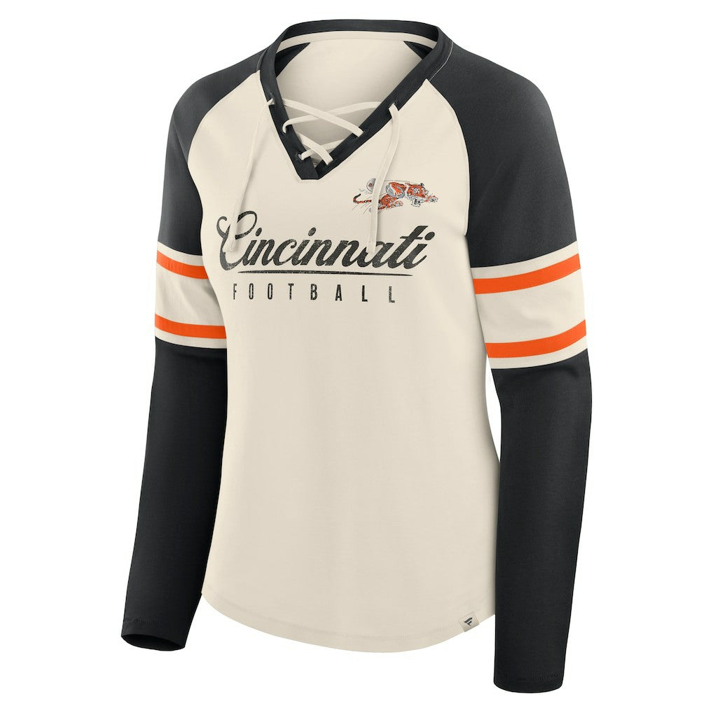 Cincinnati Bengals Women's Hometown Gridiron Hero Raglan Lace-Up V-Neck Long Sleeve T-Shirt - Cream/Black T-shirts