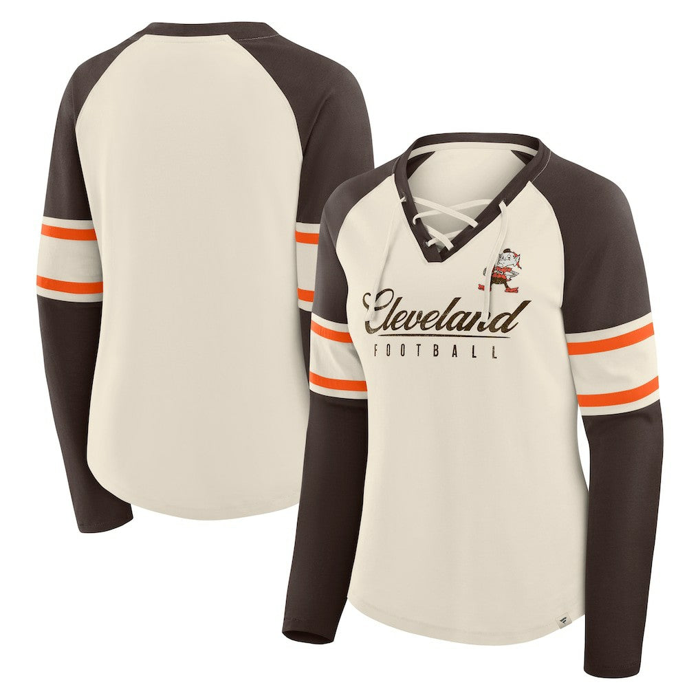 Cleveland Browns Women's Hometown Gridiron Hero Raglan Lace-Up V-Neck Long Sleeve T-Shirt - Cream/Brown T-shirts