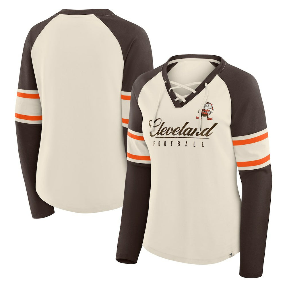 Cleveland Browns Women's Hometown Gridiron Hero Raglan Lace-Up V-Neck Long Sleeve T-Shirt - Cream/Brown T-shirts
