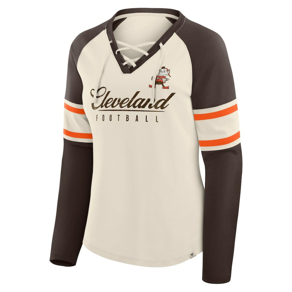 Cleveland Browns Women's Hometown Gridiron Hero Raglan Lace-Up V-Neck Long Sleeve T-Shirt - Cream/Brown T-shirts