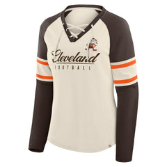 Cleveland Browns Women's Hometown Gridiron Hero Raglan Lace-Up V-Neck Long Sleeve T-Shirt - Cream/Brown T-shirts