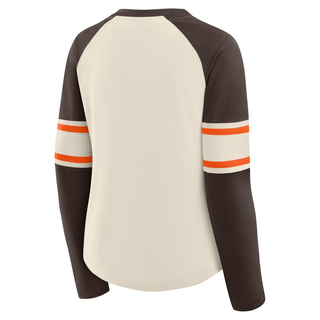 Cleveland Browns Women's Hometown Gridiron Hero Raglan Lace-Up V-Neck Long Sleeve T-Shirt - Cream/Brown T-shirts