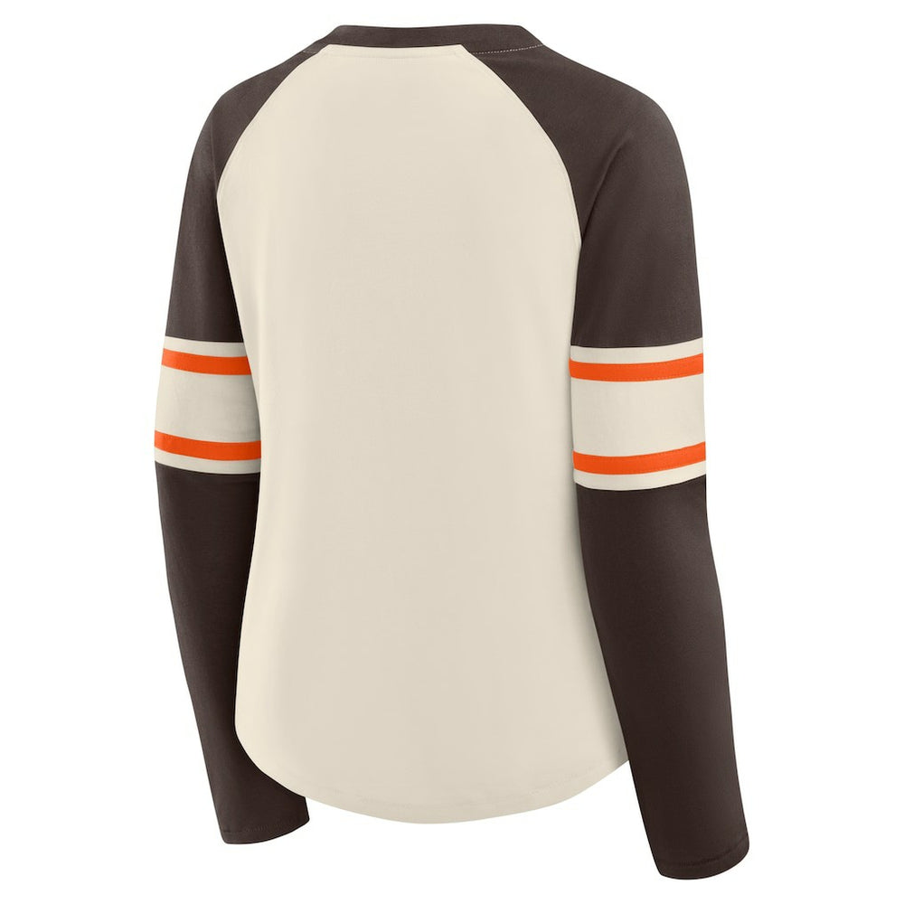 Cleveland Browns Women's Hometown Gridiron Hero Raglan Lace-Up V-Neck Long Sleeve T-Shirt - Cream/Brown T-shirts