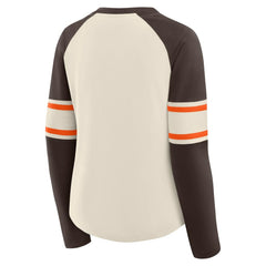 Cleveland Browns Women's Hometown Gridiron Hero Raglan Lace-Up V-Neck Long Sleeve T-Shirt - Cream/Brown T-shirts