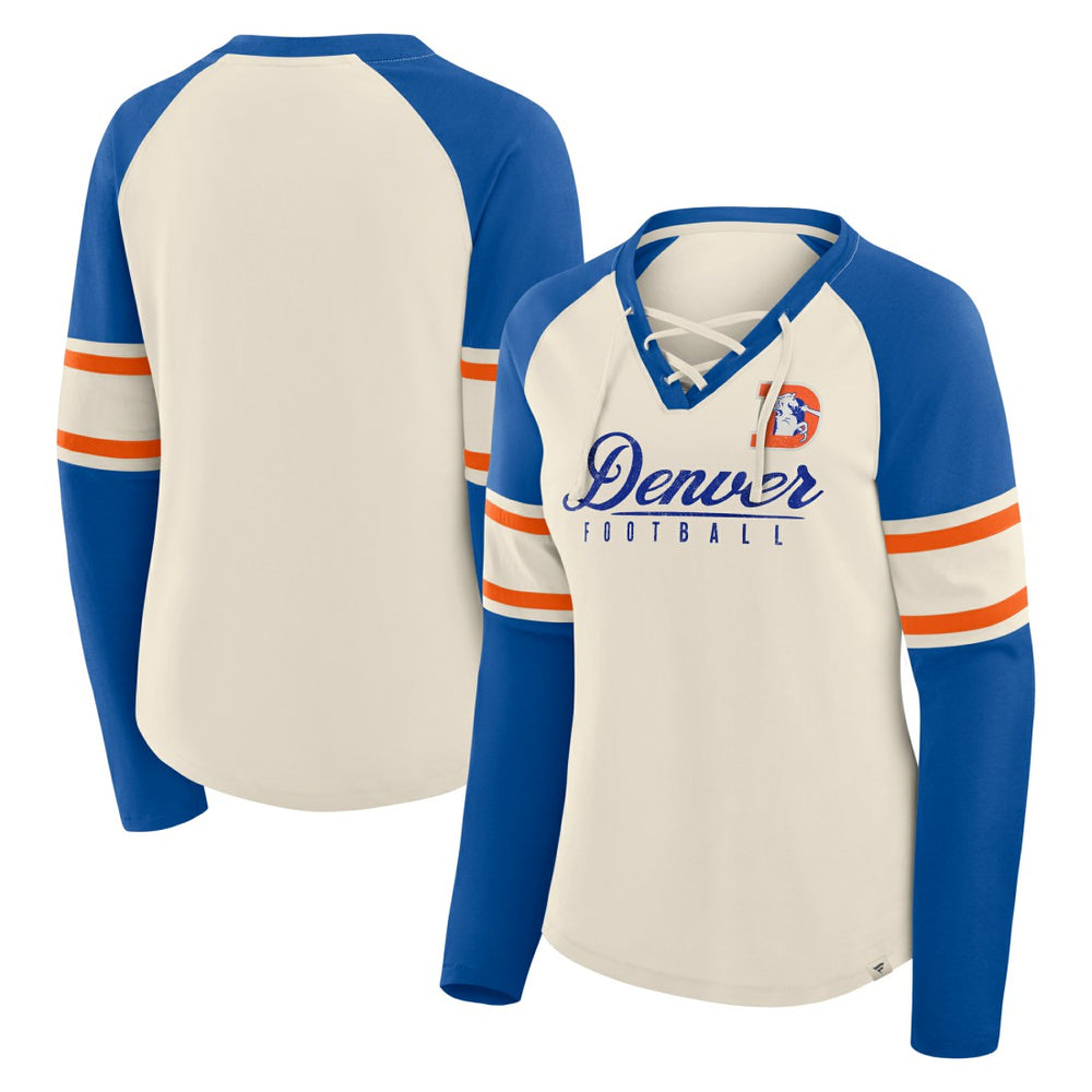 Denver Broncos Women's Hometown Gridiron Hero Raglan Lace-Up V-Neck Long Sleeve T-Shirt - Cream/Royal T-shirts