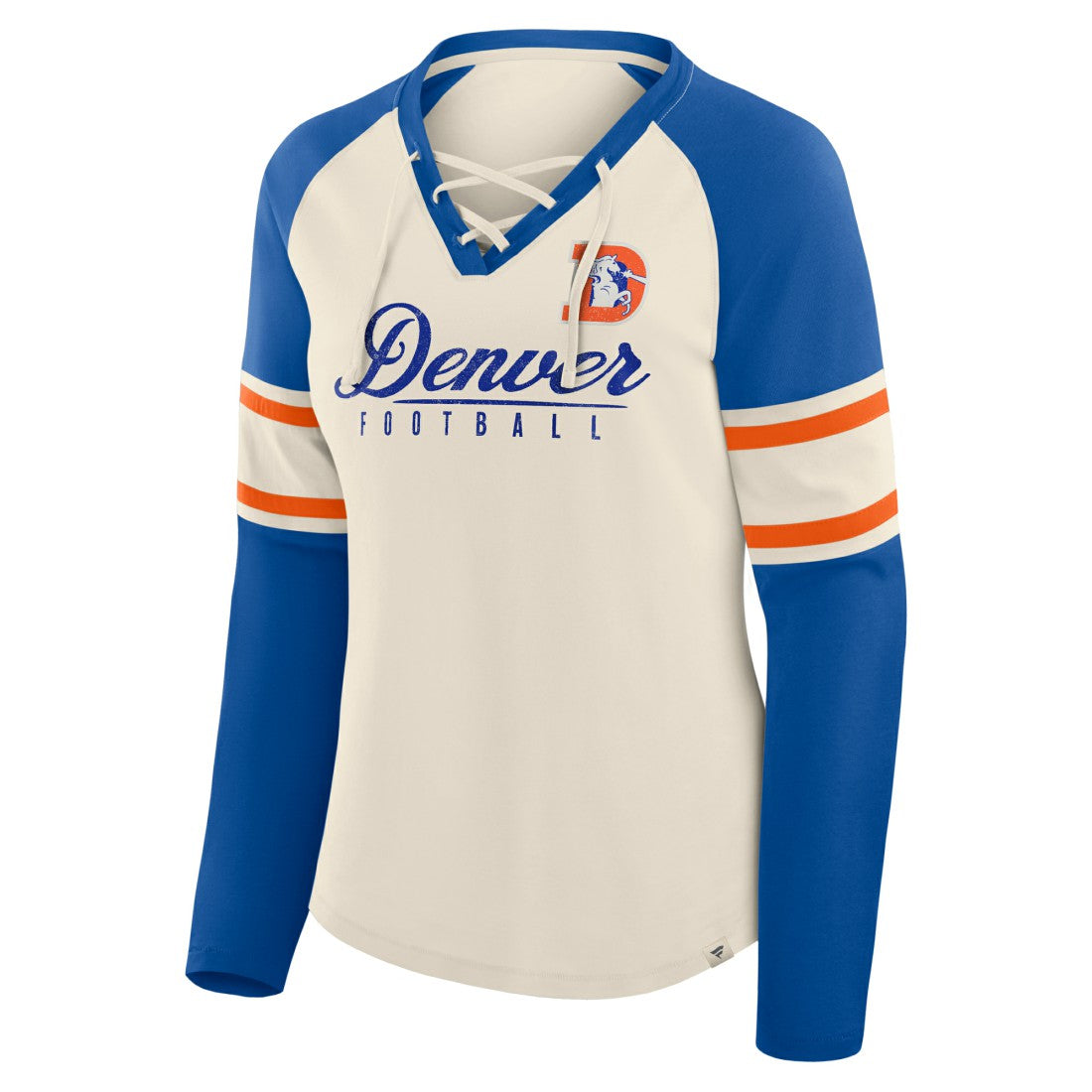 Denver Broncos Women's Hometown Gridiron Hero Raglan Lace-Up V-Neck Long Sleeve T-Shirt - Cream/Royal T-shirts