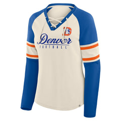 Denver Broncos Women's Hometown Gridiron Hero Raglan Lace-Up V-Neck Long Sleeve T-Shirt - Cream/Royal T-shirts