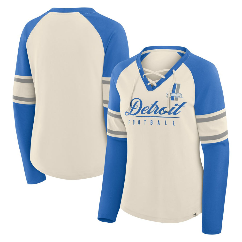 Detroit Lions Women's Hometown Gridiron Hero Raglan Lace-Up V-Neck Long Sleeve T-Shirt - Cream/Blue T-shirts