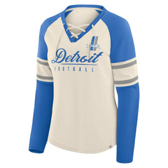 Detroit Lions Women's Hometown Gridiron Hero Raglan Lace-Up V-Neck Long Sleeve T-Shirt - Cream/Blue T-shirts