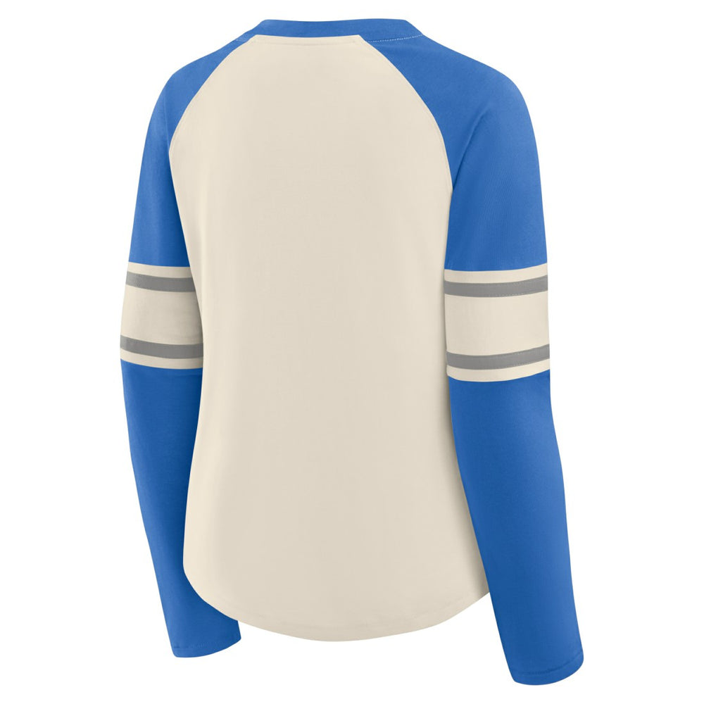 Detroit Lions Women's Hometown Gridiron Hero Raglan Lace-Up V-Neck Long Sleeve T-Shirt - Cream/Blue T-shirts