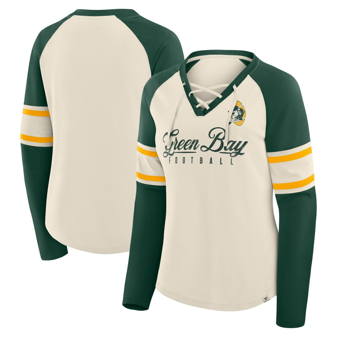 Green Bay Packers Women's Hometown Gridiron Hero Raglan Lace-Up V-Neck Long Sleeve T-Shirt - Cream/Green T-shirts