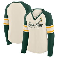 Green Bay Packers Women's Hometown Gridiron Hero Raglan Lace-Up V-Neck Long Sleeve T-Shirt - Cream/Green T-shirts