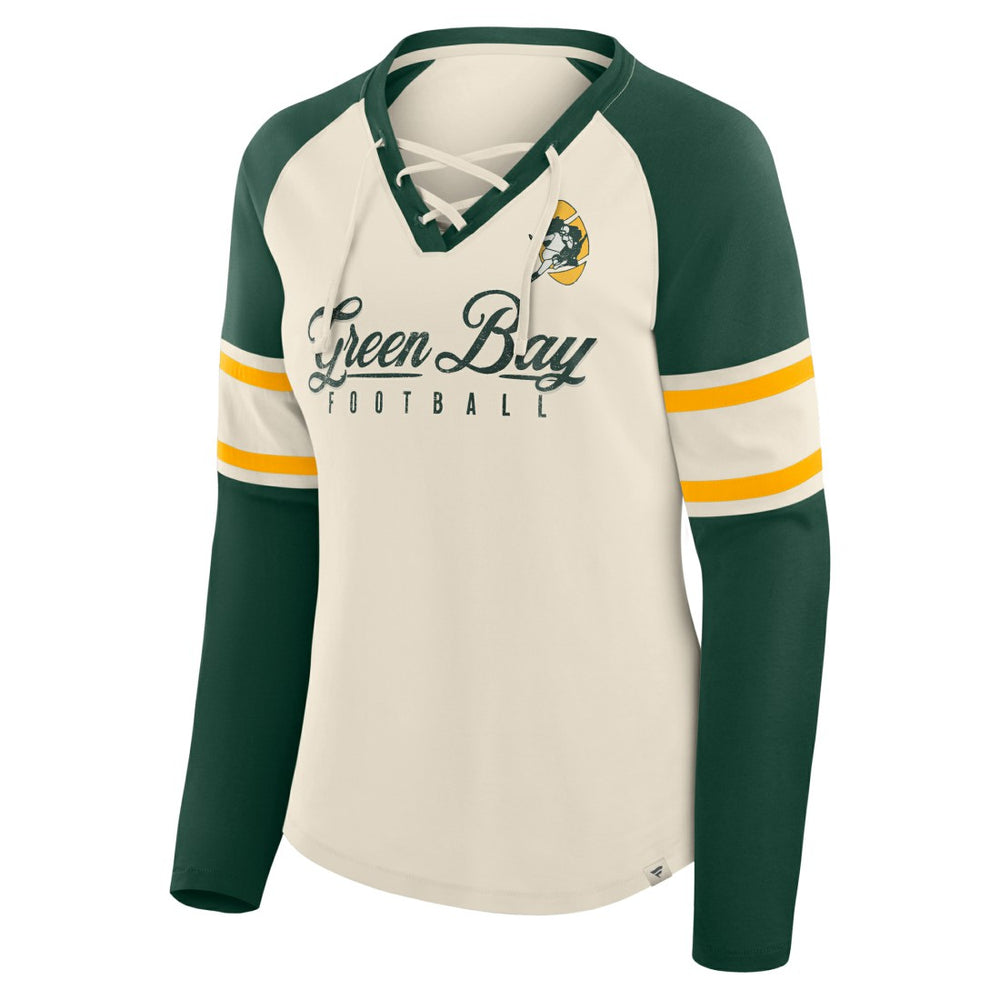 Green Bay Packers Women's Hometown Gridiron Hero Raglan Lace-Up V-Neck Long Sleeve T-Shirt - Cream/Green T-shirts