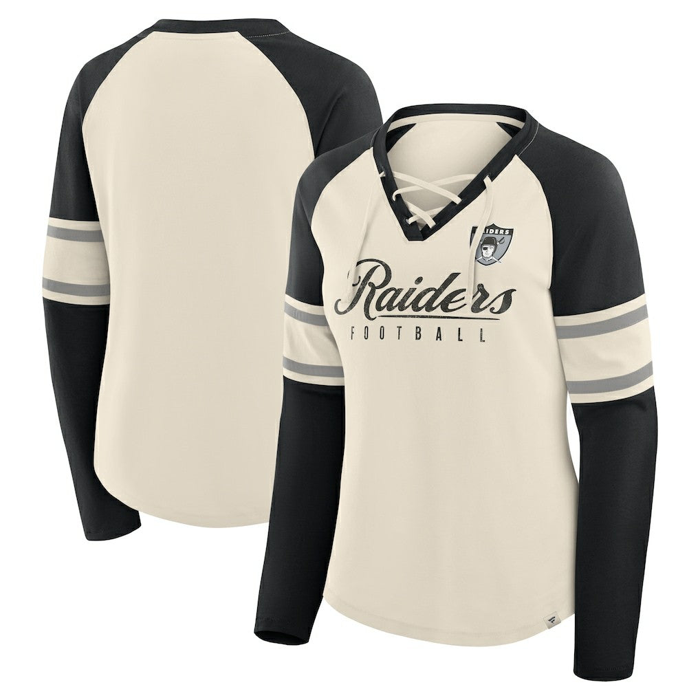 Las Vegas Raiders Women's Hometown Gridiron Hero Raglan Lace-Up V-Neck Long Sleeve T-Shirt - Cream/Black T-shirts