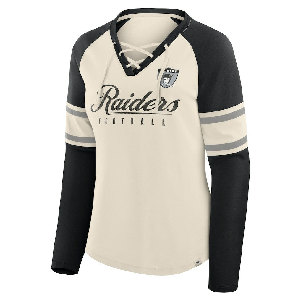 Las Vegas Raiders Women's Hometown Gridiron Hero Raglan Lace-Up V-Neck Long Sleeve T-Shirt - Cream/Black T-shirts