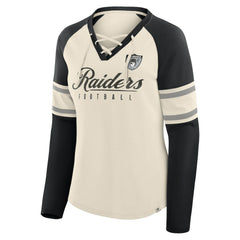 Las Vegas Raiders Women's Hometown Gridiron Hero Raglan Lace-Up V-Neck Long Sleeve T-Shirt - Cream/Black T-shirts