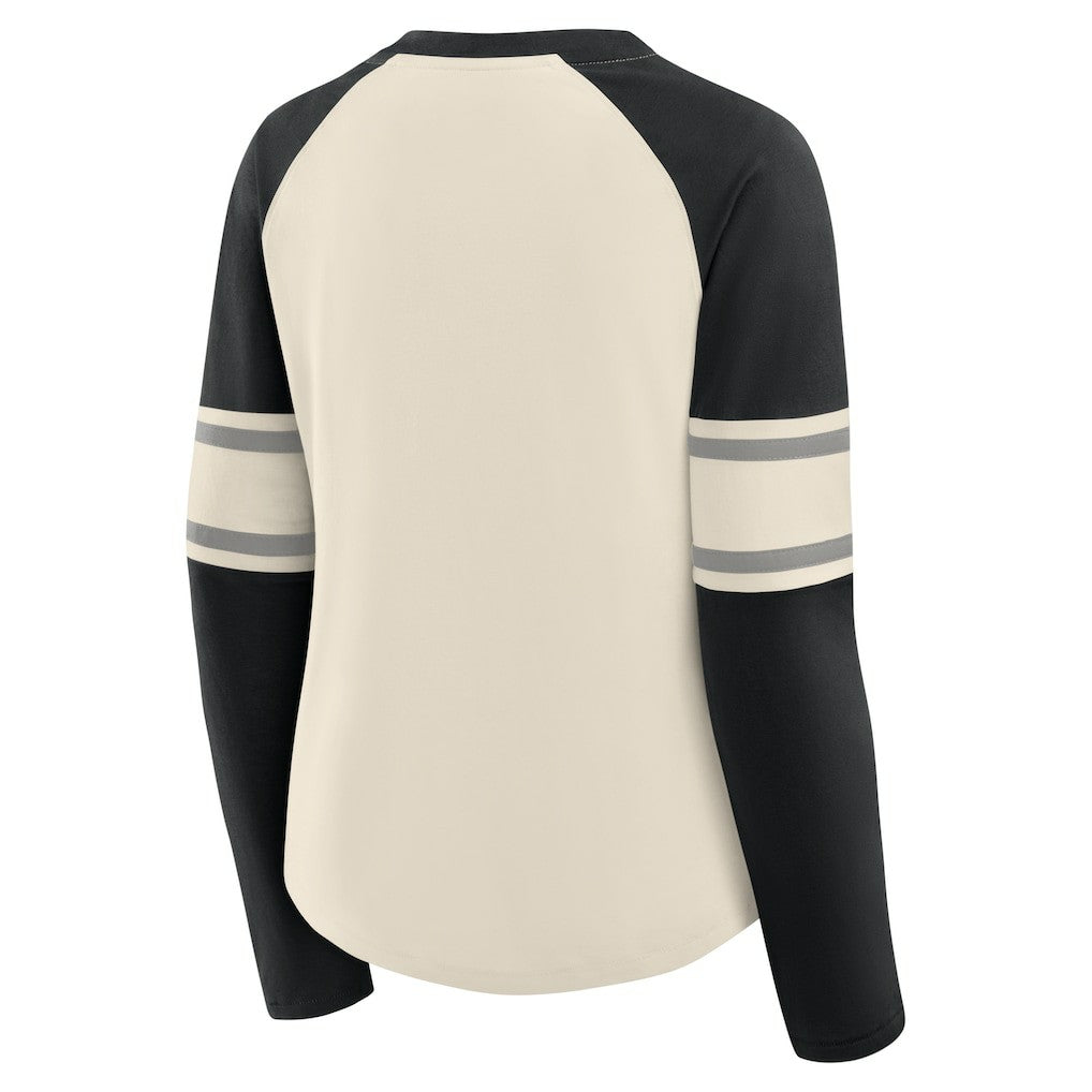 Las Vegas Raiders Women's Hometown Gridiron Hero Raglan Lace-Up V-Neck Long Sleeve T-Shirt - Cream/Black T-shirts