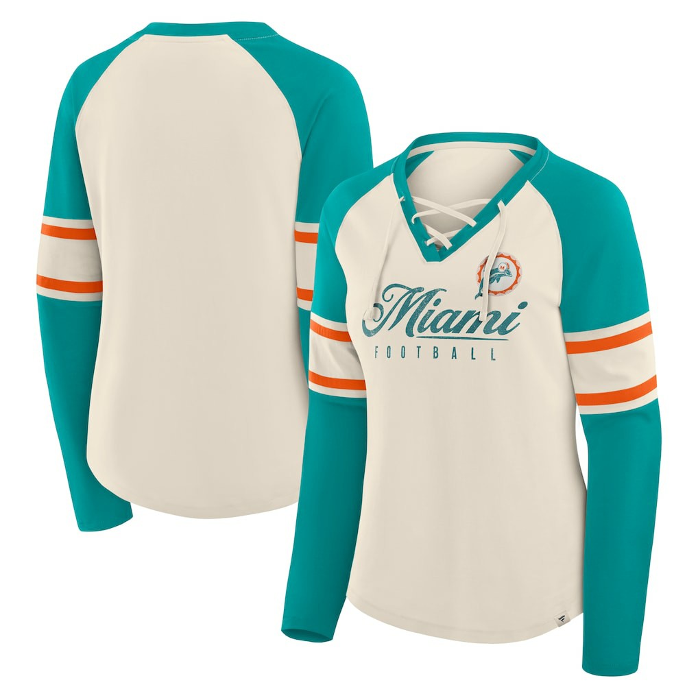 Miami Dolphins Women's Hometown Gridiron Hero Raglan Lace-Up V-Neck Long Sleeve T-Shirt - Cream/Aqua T-shirts